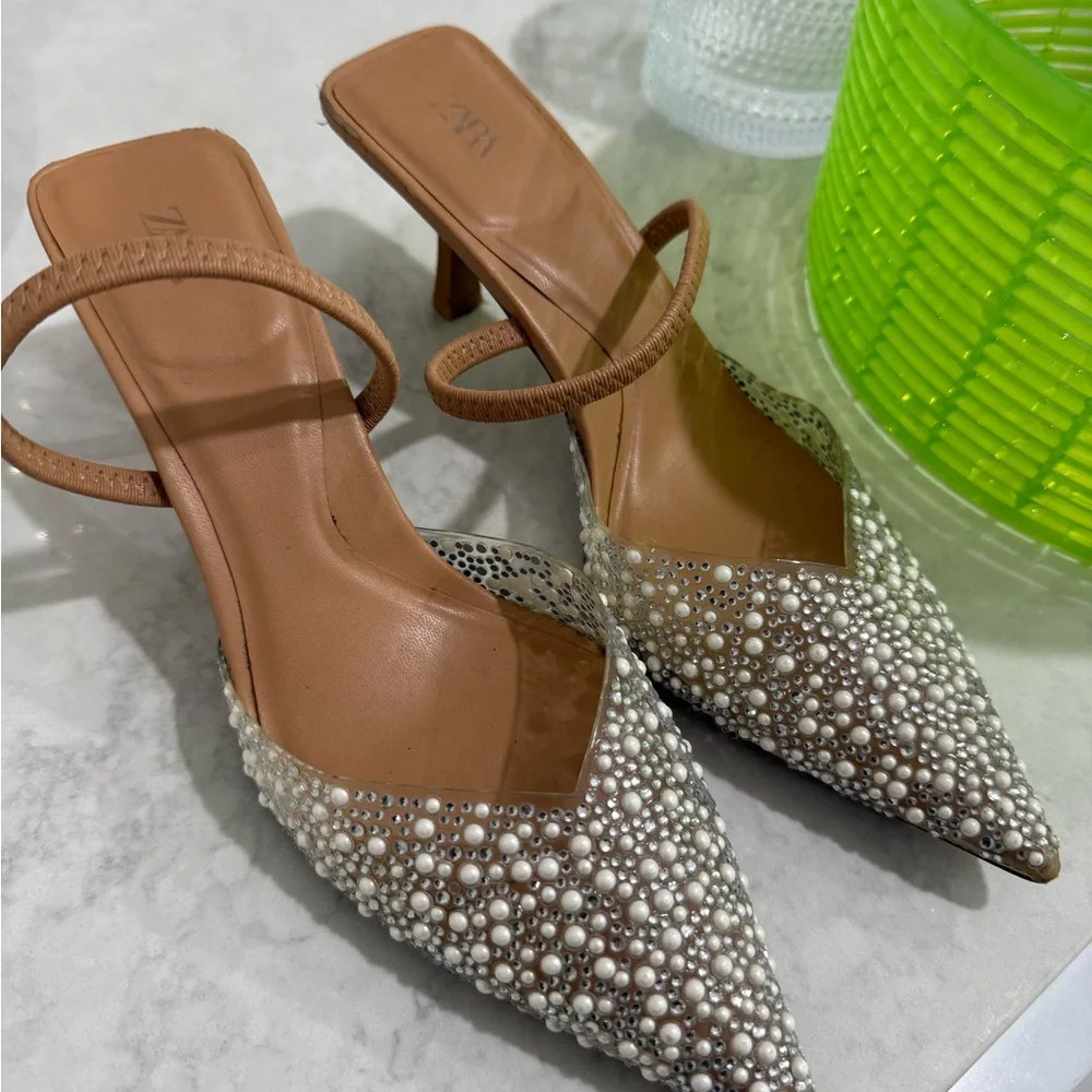 Zara Tan Slingback Pointed Heels with Pearl Embellishments - Picture 2 of 3